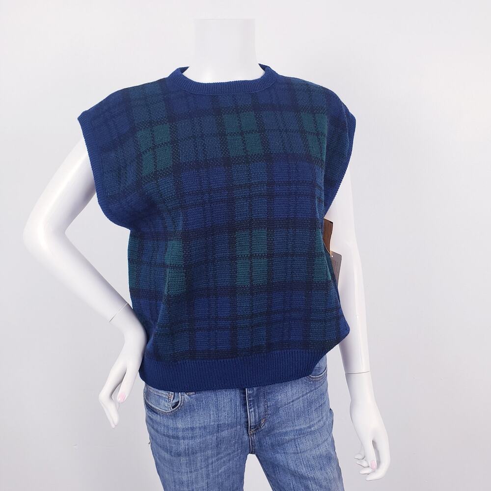 80s Pendleton Sweater Vest Wool Navy Blue & Green Tartan Plaid Women's Size Lg